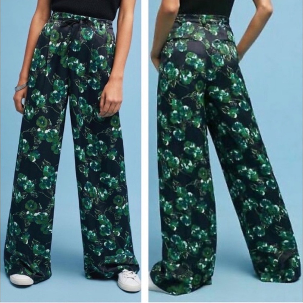 Anthropologie Elevenses Green Floral Wide Leg Pants High Waist Viscose Size 4